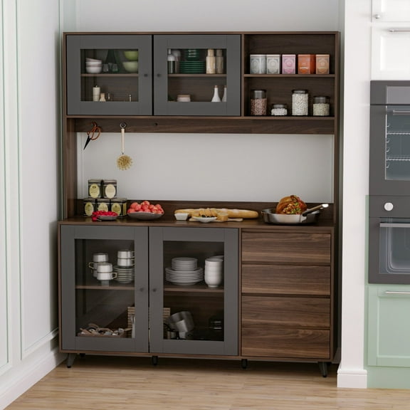 KULAGAGA Kitchen Pantry with 4 Drawers and Hutch,Kitchen Baker's Rack Buffet Storage Cabinet Microwave Stand, Walnut