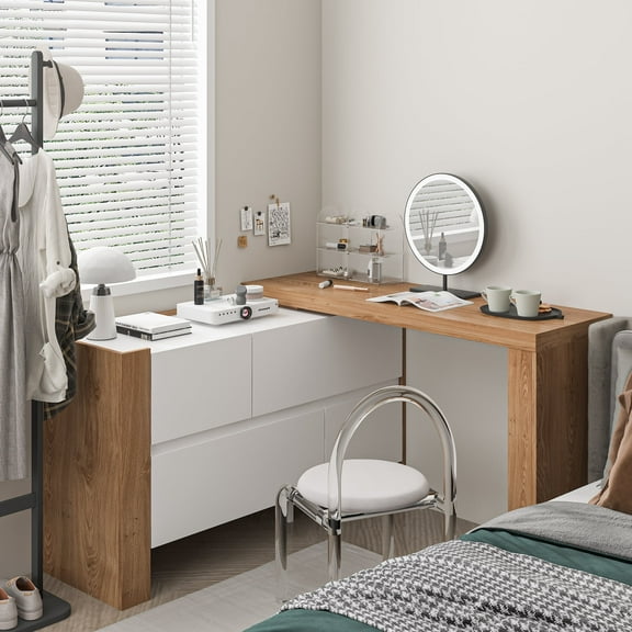 KULAGAGA L-Shaped Desk with Dresser, 3 Drawer Drawer with Shelves, White & Brown