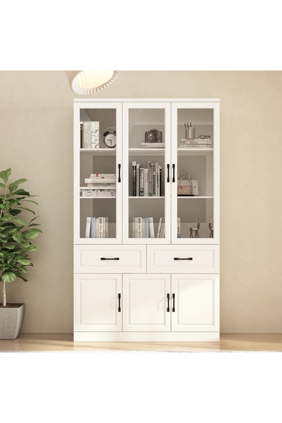 Large Bookcase Display Cabinet with Glass Door and Drawers, 6-Door Kitchen Pantry Storage Cabinet for Living Room, White