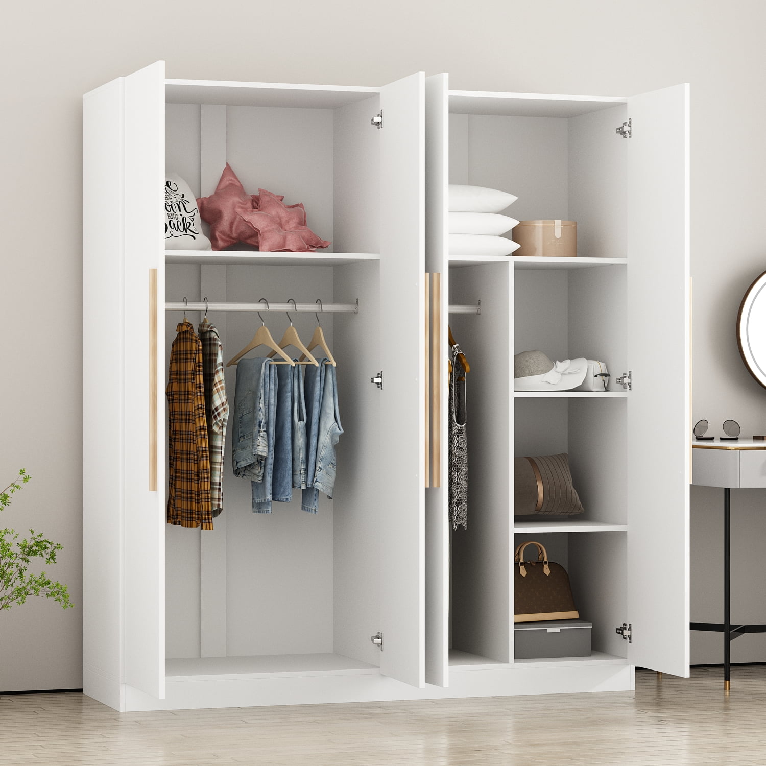FUFU&GAGA Large Wooden Wardrobe, 4-Door, Modern Armoire with FUFU&GAGA Large Wooden Wardrobe, 4-Door, Modern Armoire with