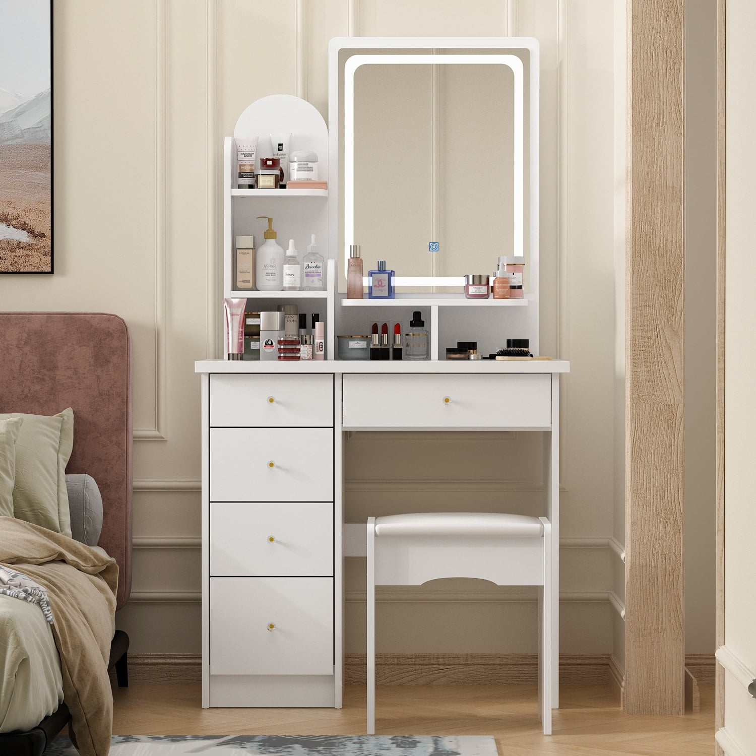 White Manufactured Wood Vanity Set with LED Mirror and Bench
