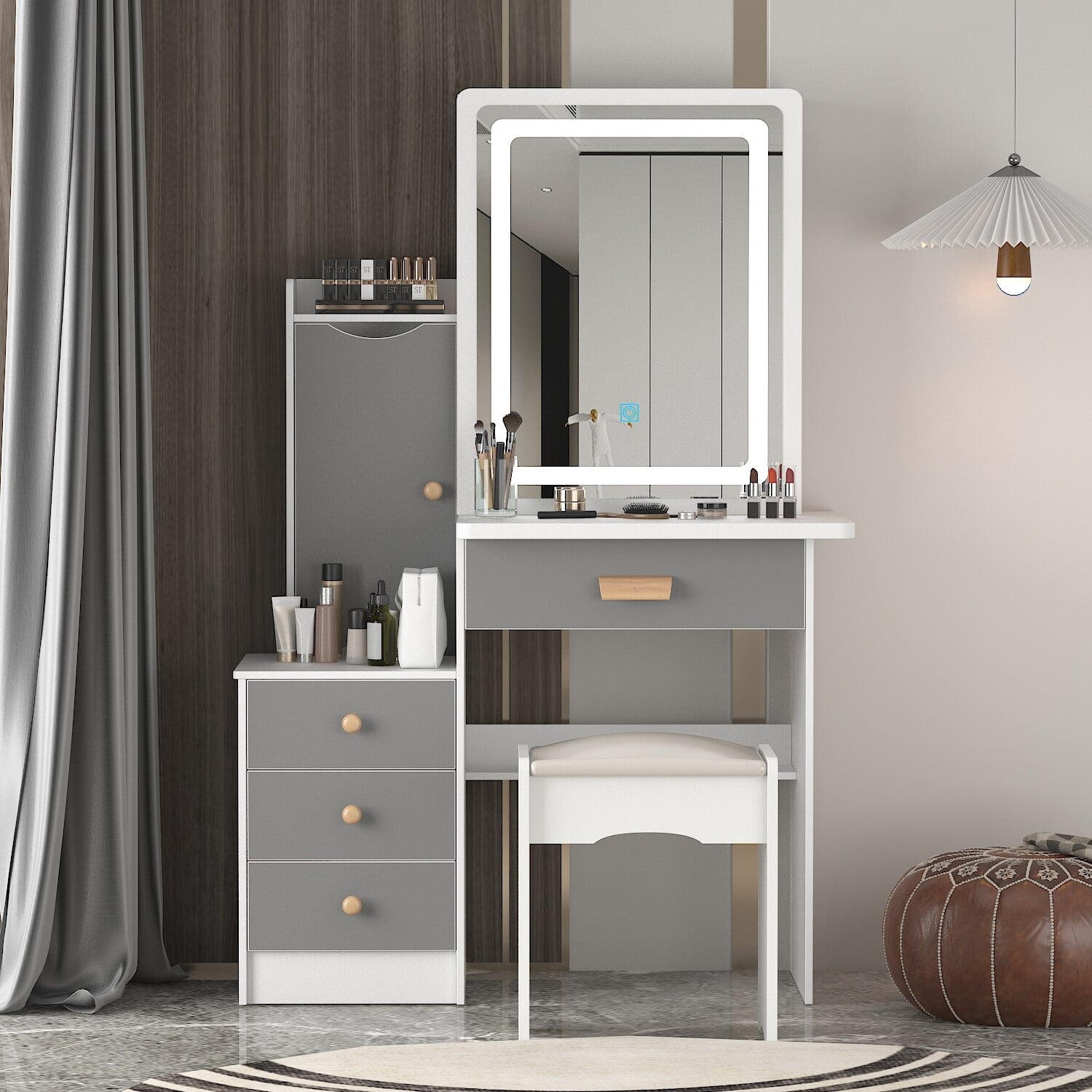 FUFU&GAGA Makeup Vanity Set with Mirror and Light and Stool Dresser