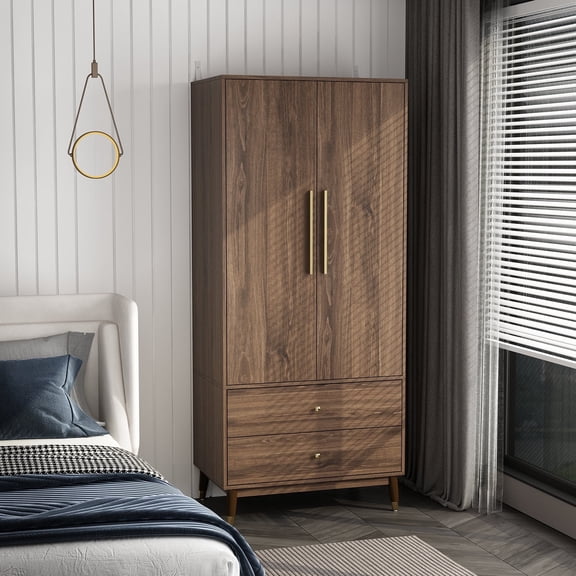 KULAGAGA Modern 2-Door Wardrobe with 2 Drawers and Hanging Rod in Brown