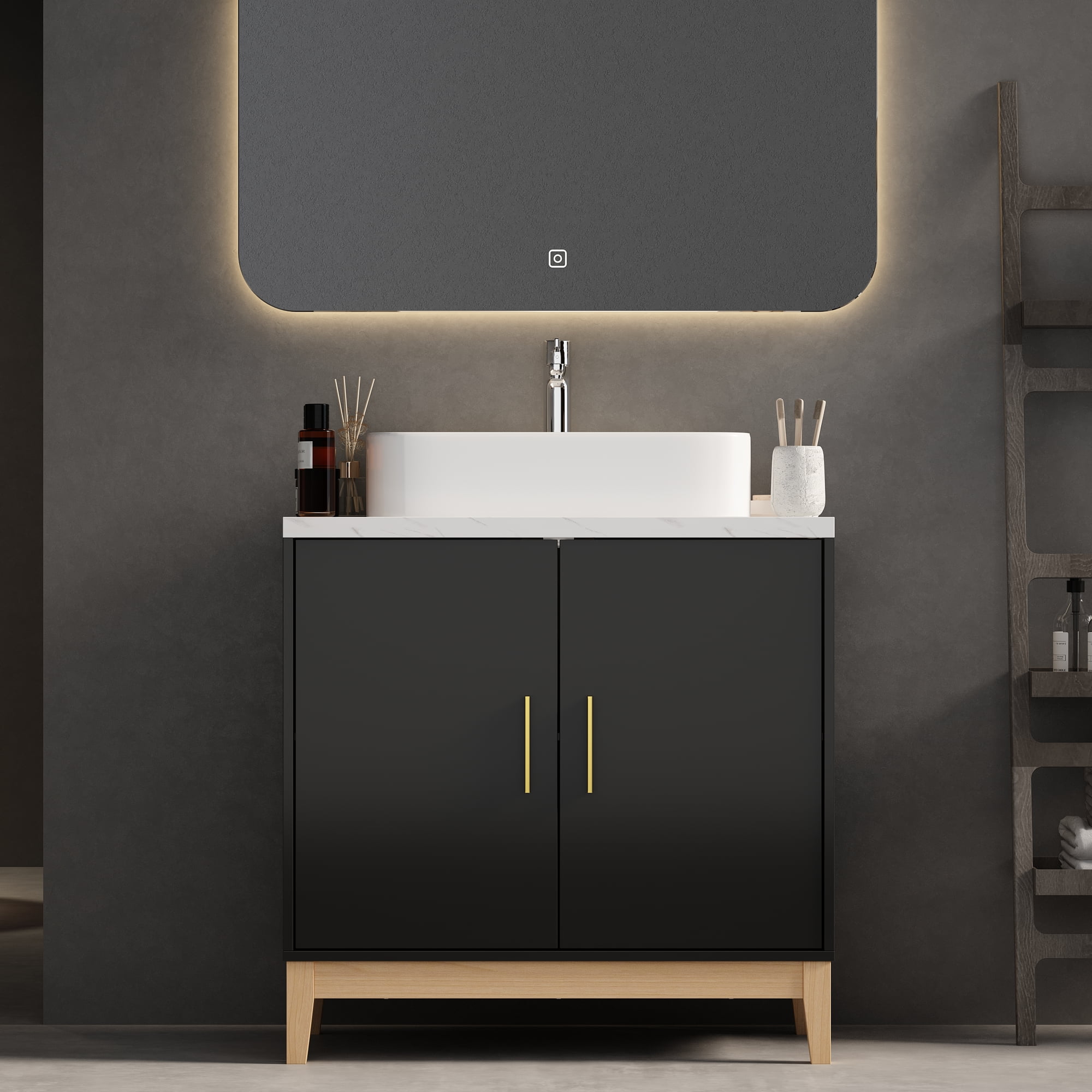 FUFU&GAGA Modern Black Bathroom Vanity Cabinet with Sink, 31.6" Wide