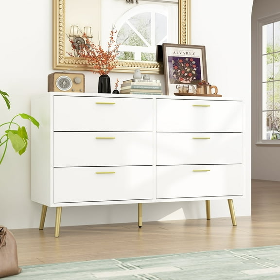 KULAGAGA 47.2" L 6 Drawer Double Dresser, Modern Chest of Drawers with Storage Dresser Chest Organizers Metal Handels & Metal Legs for Living Room Hallway Entryway, White