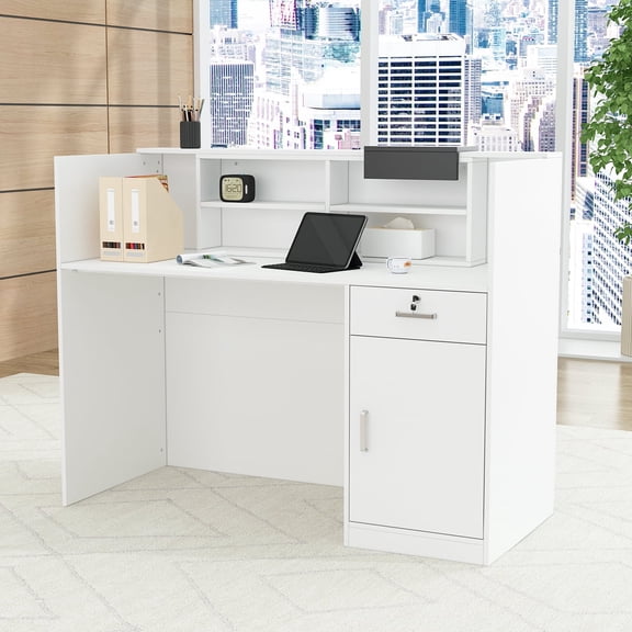 KULAGAGA Multipurpose Home Office Computer Writing Desk, Reception Desk with Drawer and Cabinet, White/Black
