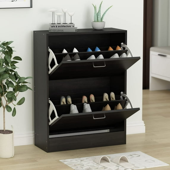 FUFU&GAGA Shoe Cabinet with 2 Flip Drawers for Entryway, Modern Shoe Storage Cabinet, Freestanding Shoe Rack Storage Organizer (22.4”W x 9.4”D x 28.9”H)(Black)