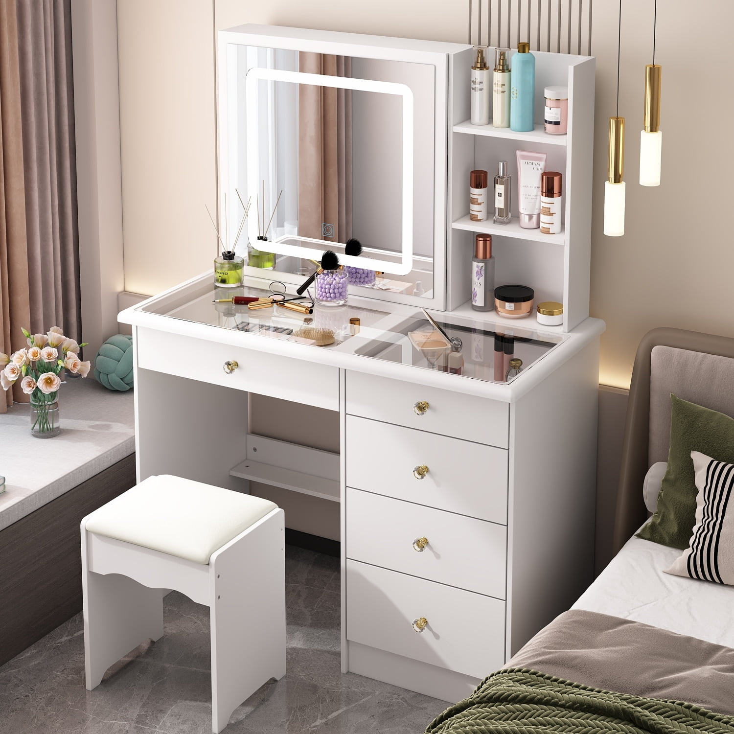 FUFU&GAGA Smart Vanity Design,Sliding Mirror,and Noise-Free Drawer Dresser Table - 39.4"W