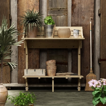 FUFU&GAGA Solid Wood Outdoor Garden Potting Bench with Shelves