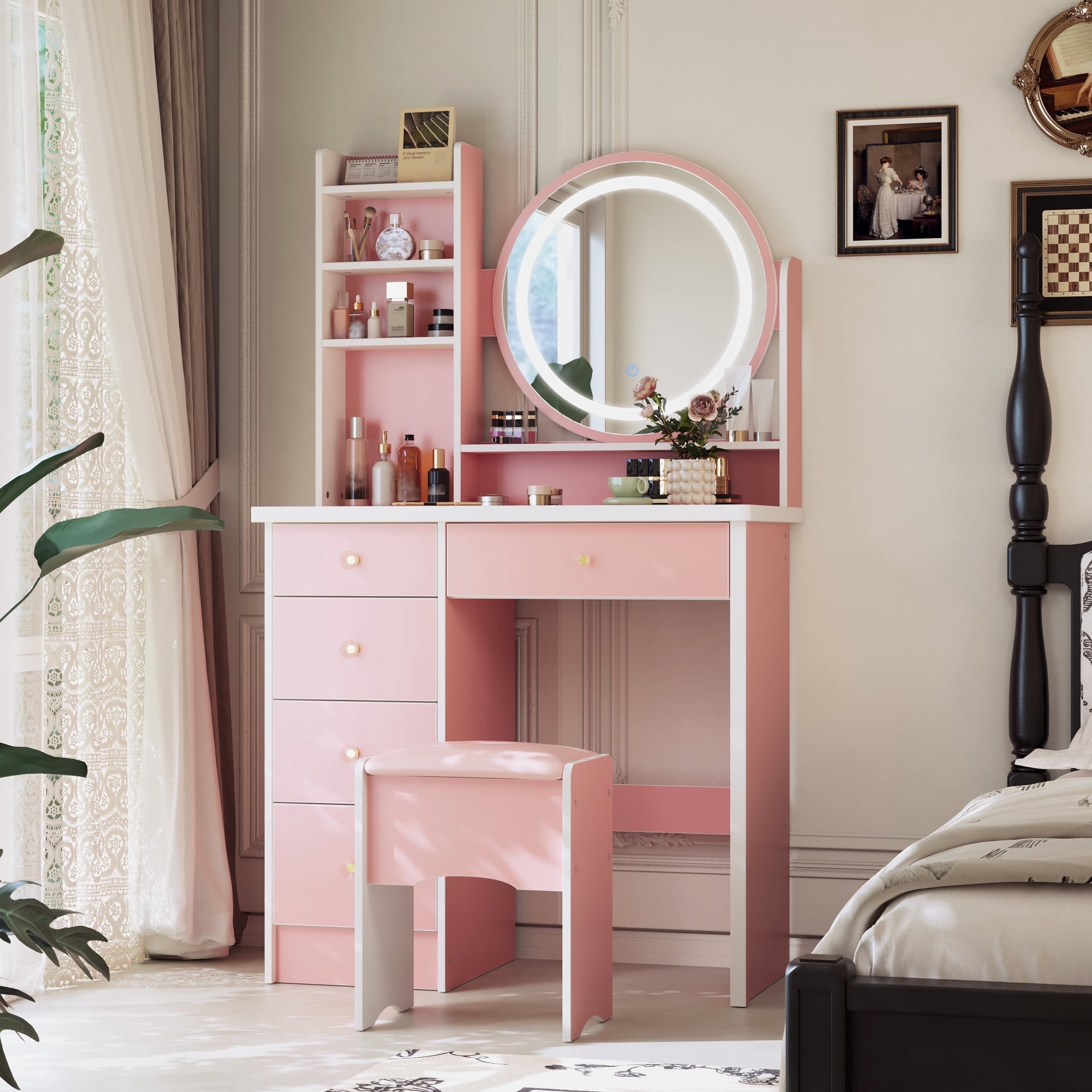 KULAGAGA Vanity Set with 3 Colors Touch Screen Dimming Mirror, Cushioned Stool, Storage Shelves, Makeup Organizer, 5 Drawers Makeup Vanity Desk , Dressing Table , Pink