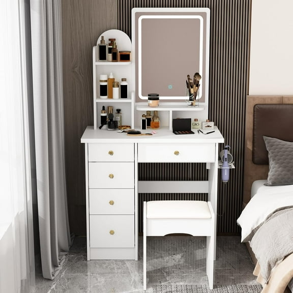 FUFU&GAGA Vanity Set with Rectangular Mirror, Makeup Vanity Dressing Table with 5 Drawers, Shelves, Power Outlet & Hair Dryer Holder, Dresser Desk and Cushioned Stool Set (White/Lighted Mirror)