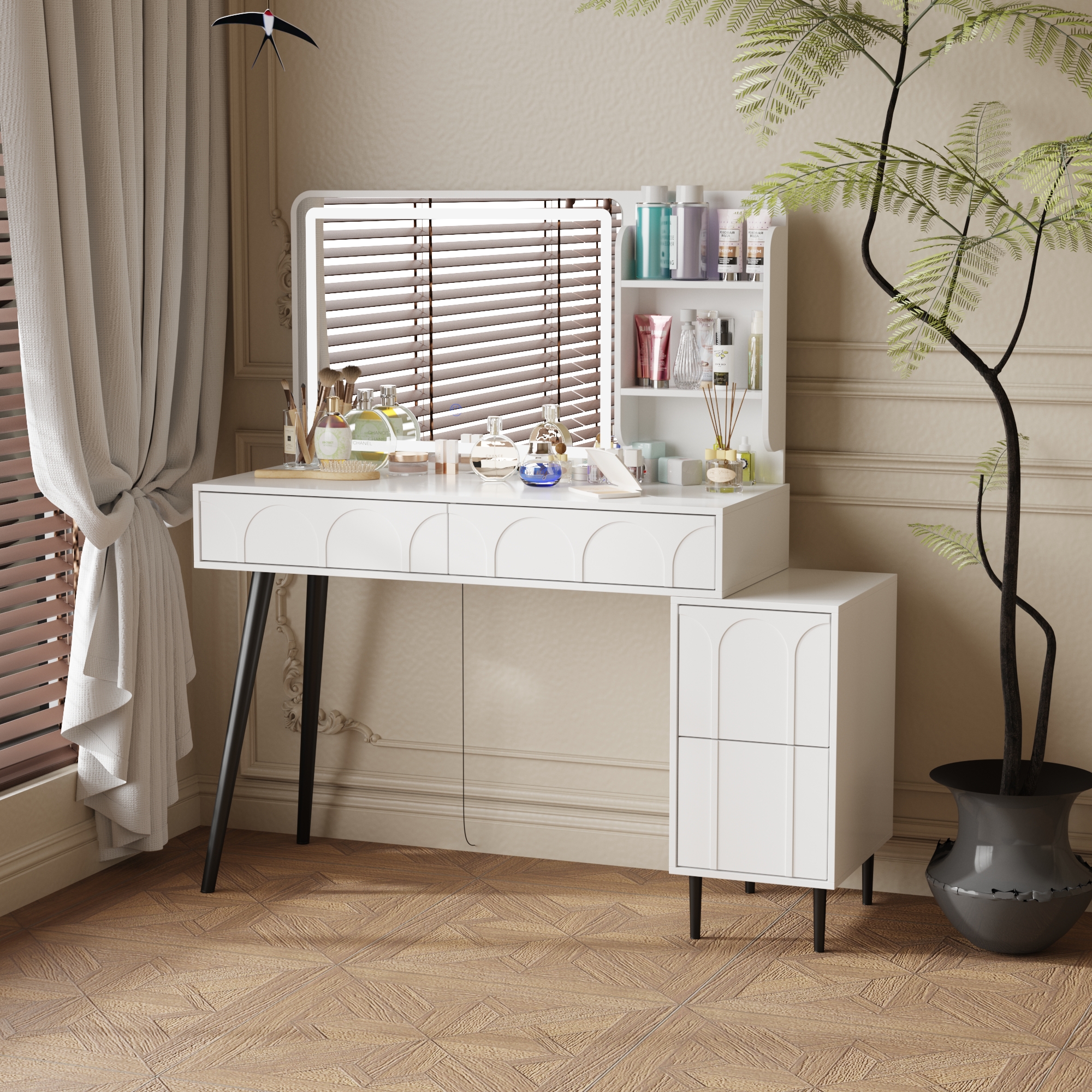 FUFU & GAGA Vanity Table Set Makeup Organizer Table with Sliding