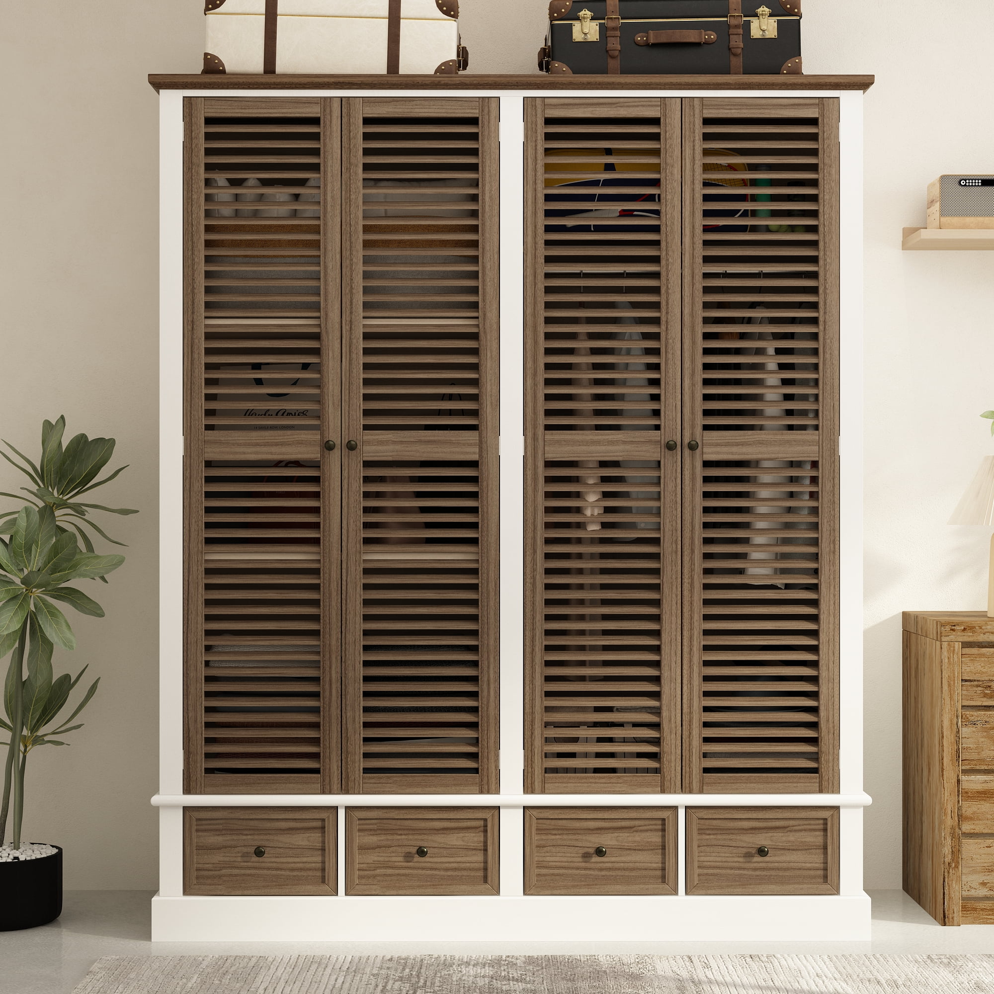 FUFU&GAGA Wardrobe Armoire with Louver Door, Wooden Closet Storage with 4 Drawers and