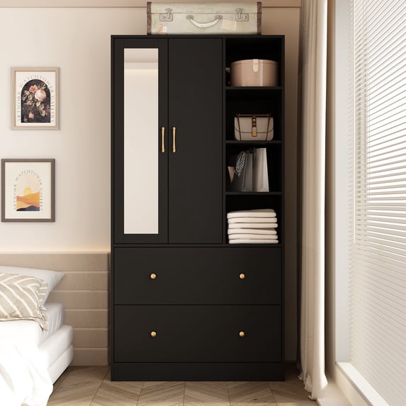 KULAGAGA Wardrobe Armoire with Mirror, Bedroom Closet Storage Cabinet with Extendable Hanging Rod, Open Shelves and 2 Drawers, Black