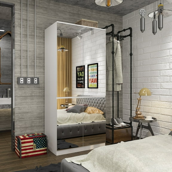 KULAGAGA Wardrobe Armoire with Mirror Door and Clothing Rod for Bedroom White