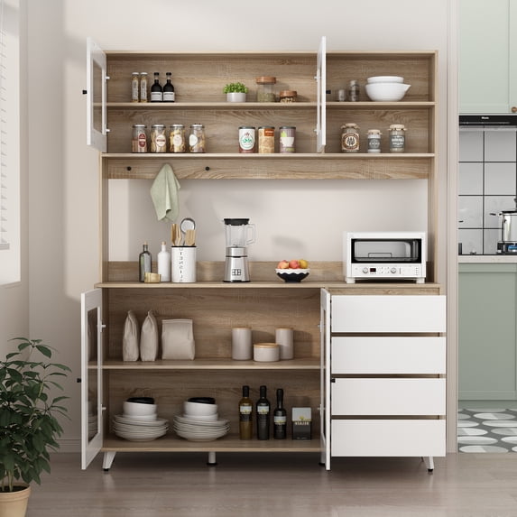 KULAGAGA White & Oak Kitchen Pantry with Hutch, 4-Drawer Baker's Rack Buffet, and Microwave Stand