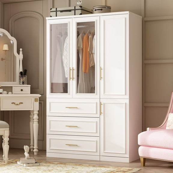 KULAGAGA White Wardrobe Armoire with Glasss Door, Hanging Rod and 3 Drawer for Bedroom Closet