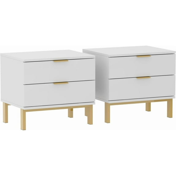 FUFU&GAGA Whtie Nightstand Set of 2 Modern Bedside Table with 2 Drawers Versatile End Table with Gold Handles, Metal Legs, for Bedroom Living Room, White and Gold