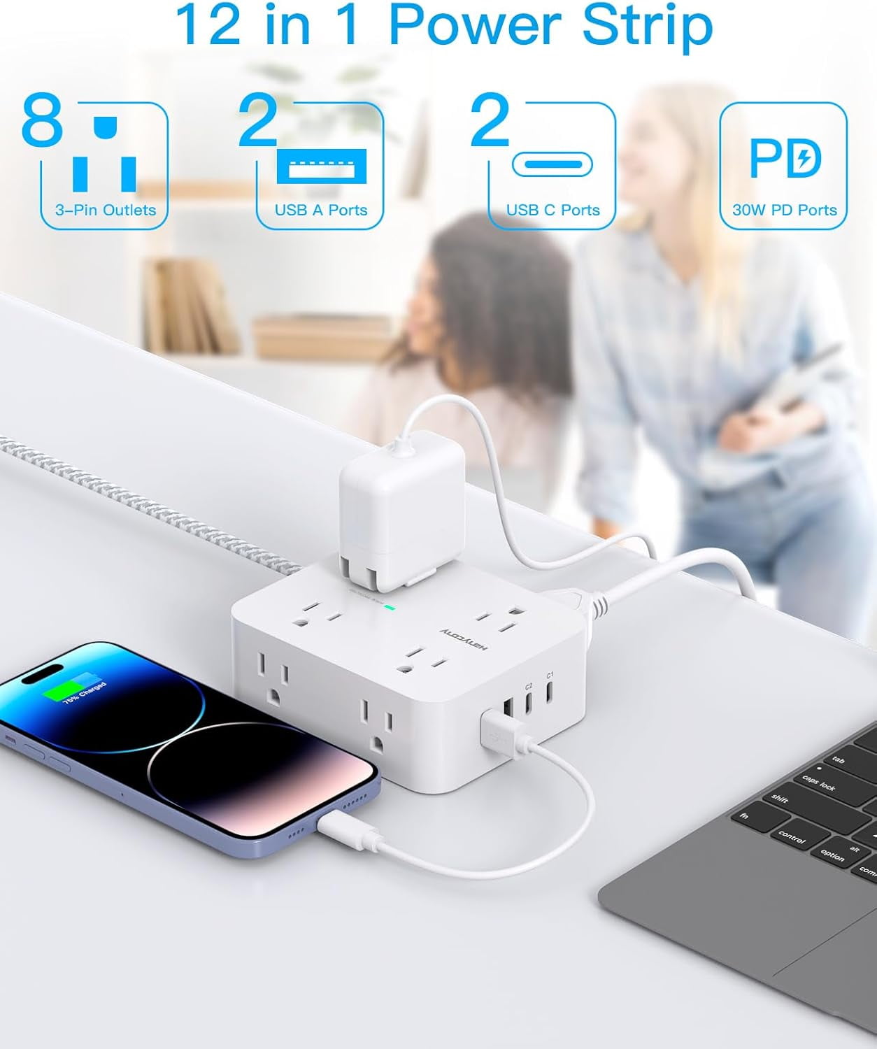 10Ft Extension Cord with Multiple Outlets, Flat Plug Surge Protector Power Strip 10 Ft Long Cord, 8 Outlets & 4 USB Ports (2 USB C), Desk Charging Station for Home Office, College Dorm Room Essentials