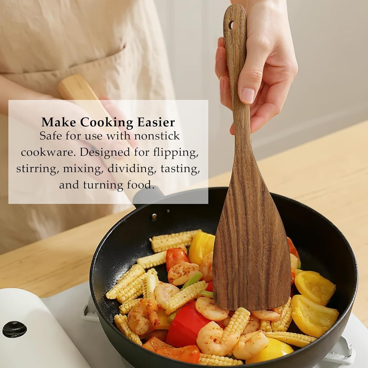 FUGEE-3Pcs Wooden Spatulas, Wooden Spatula for Cooking Long Handle ...