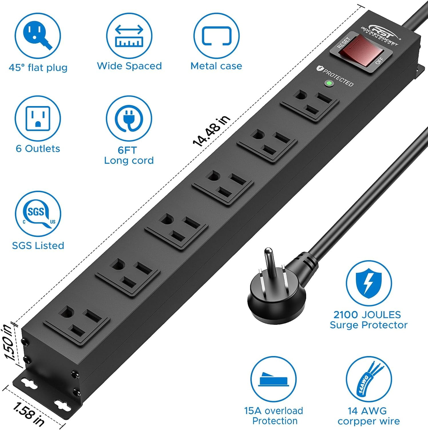 FUGEE-6 Outlet Heavy Duty Power Strip with Switch, 15A/1875W Metal ...