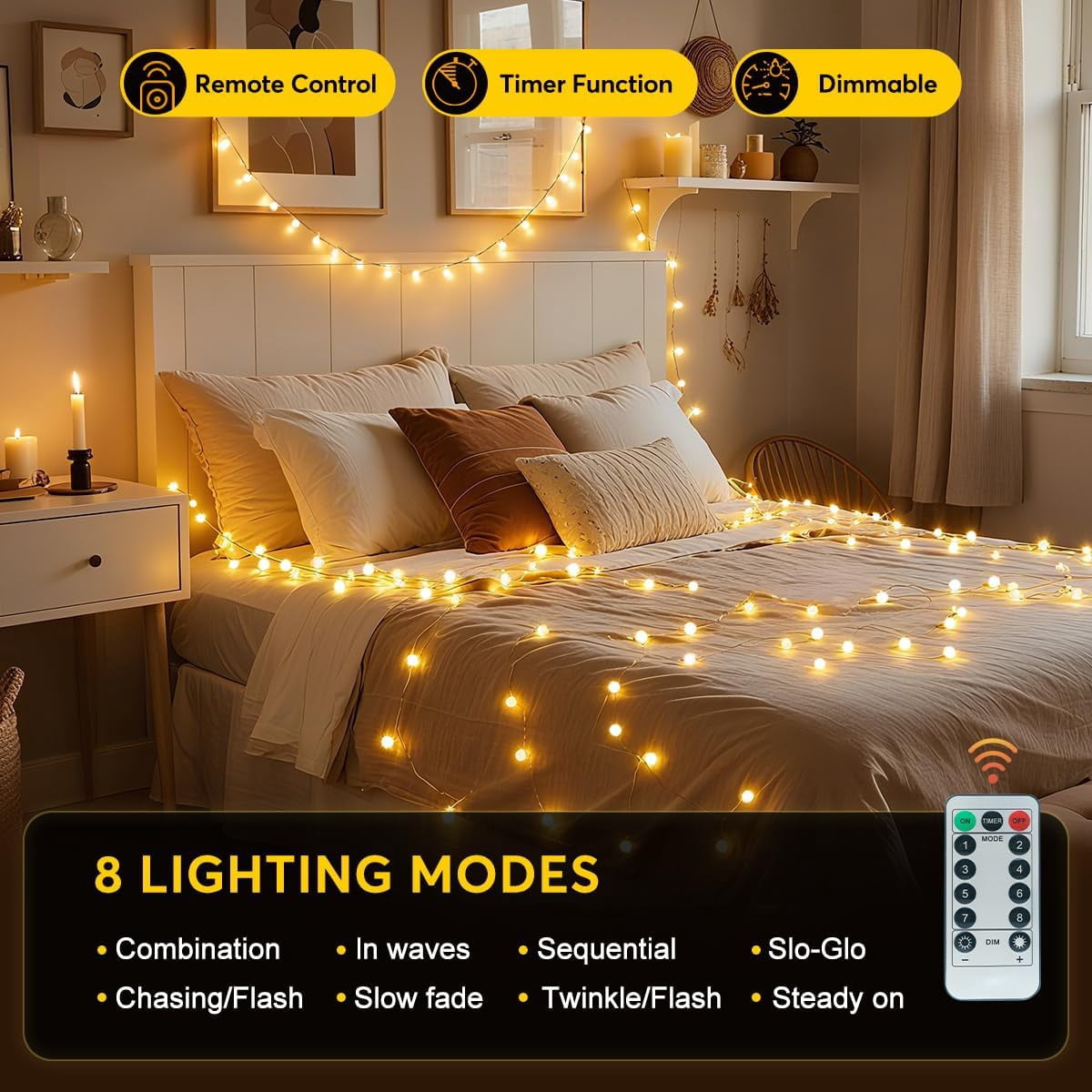 Light Extended FUGEE-65.6ft Warm White Globe String Lights, 150 LED with 16ft Extended ...