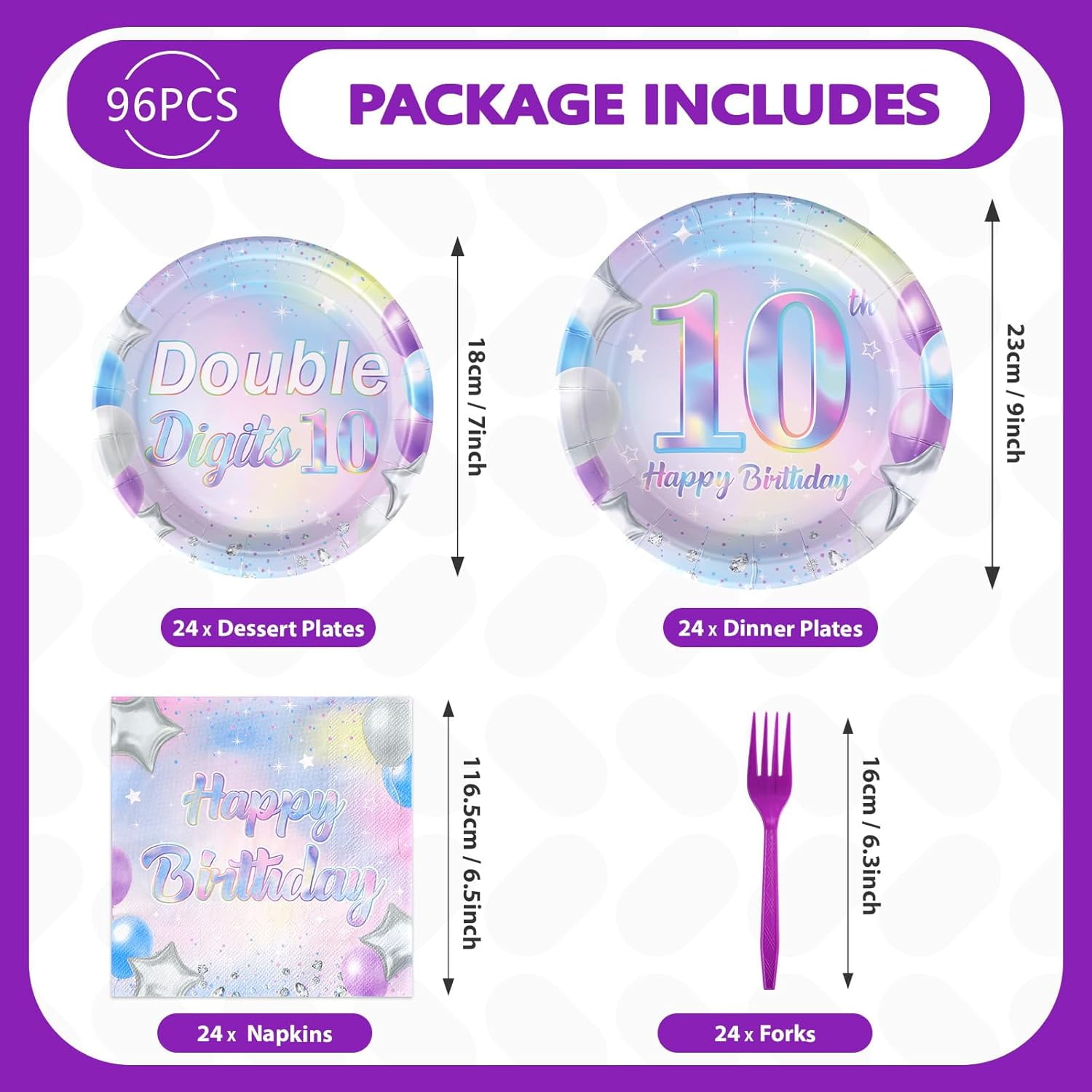 FUGEE-96 Pcs 10th Birthday Party Supplies Iridescent Double Digits Birthday Girl Plates and Napkins Tableware Set In My Double Digits Era Party Decor for 10 Year Old birthday Decorations Girl Boy S