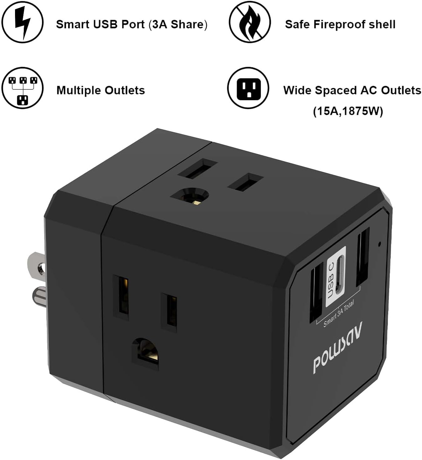FUGEE-Cruise Ship Essentials, 3-Side Outlet Splitter with 3 USB Ports(1 ...