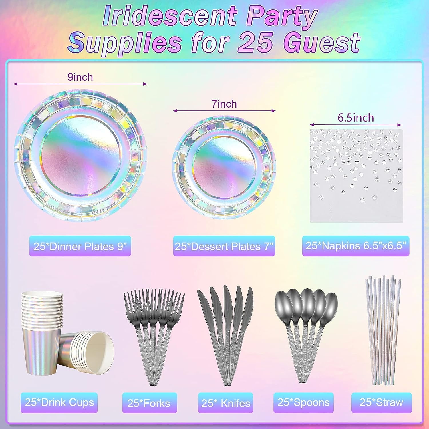 FUGEE-Iridescent Party Supplies Decorations, Holographic Paper Plates and Napkins Set, Disposable Iridescent Paper Plates Cups Knives Spoons Fork Straw for Mermaid Birthday Wedding Party, Serve 25