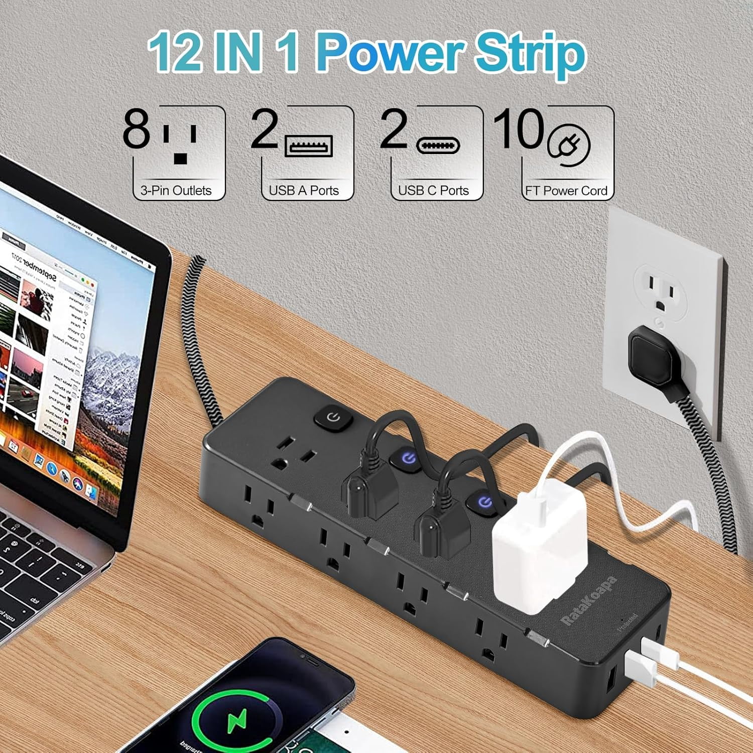 Ffe Outlets FUGEE-Surge Protector Power Strip 10 Ft - 8 Widely AC Outlet 4 USB ...