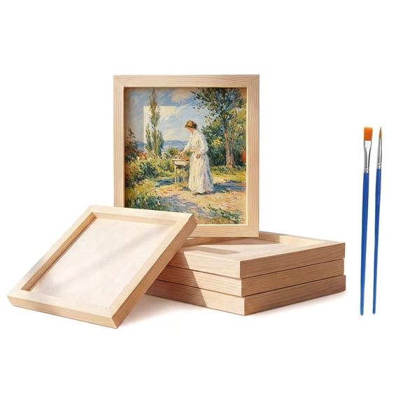 FUGEYiCai 12x12 Inch Wood Canvas Panels, 5 Pack with Flat & Pointed Paint Brushes, Unfinished Wood Frames for Painting Crafts
