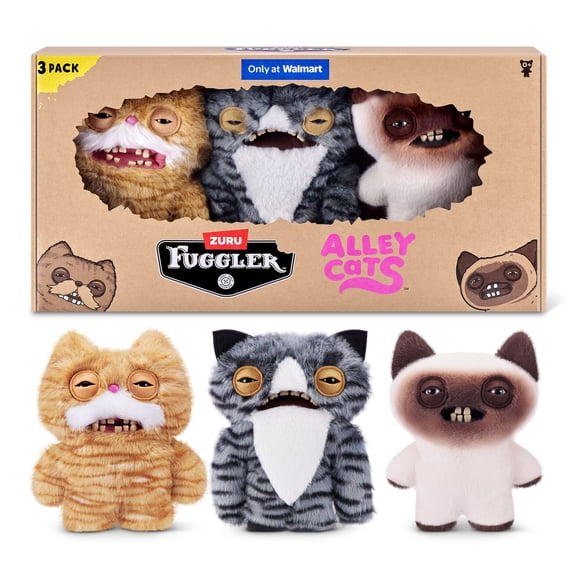 Fuggler Alley Cats 9-Inch Plush Toy (3 PACK) by ZURU Funny Ugly Monster Stuffed Animal with Human-Like Teeth, Collectible Plush for Kids, Tweens, Teens, Adults & Cat-Loving Weirdos