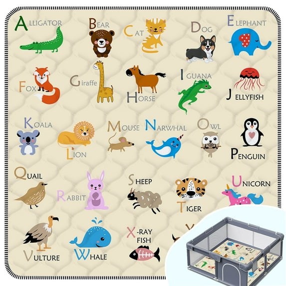 FUGWU Baby Play Mat for Floor, Fits 50x50 Playpen, Non-Slip & Soft Crawling Mat for Infants (Beige Animal)