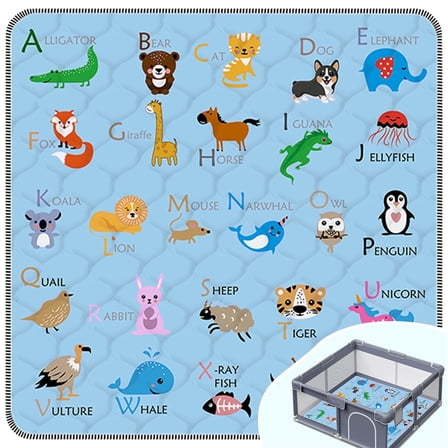 FUGWU Baby Play Mat for Floor, Fits 50x50 Playpen, Non-Slip & Soft Crawling Mat for Infants (Blue Animal)