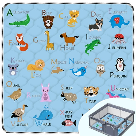 FUGWU Baby Play Mat for Floor, Fits 50x50 Playpen, Non-Slip & Soft Crawling Mat for Infants (Blue Animal)