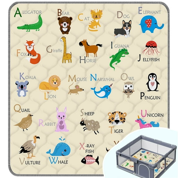 FUGWU Baby Play Mat for Floor, Fits 71x59 Playpen, Non-Slip & Soft Crawling Mat for Infants(Beige Animal)