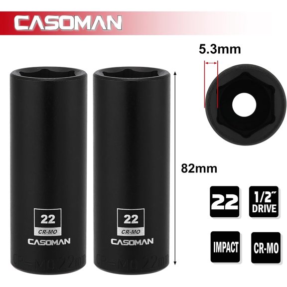 FUGee-1/2-Inch Drive x 22mm Deep Impact Sockets, 2 PCS Set, 6-Point, Metric, CR-MO