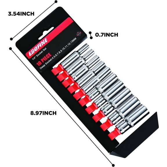 FUGee-10PCS 1/4 Drive Deep Socket Set,Metric Socket Set4-13mm,6 Point Socket Set With Hanging Bracket,Cr-V Steel