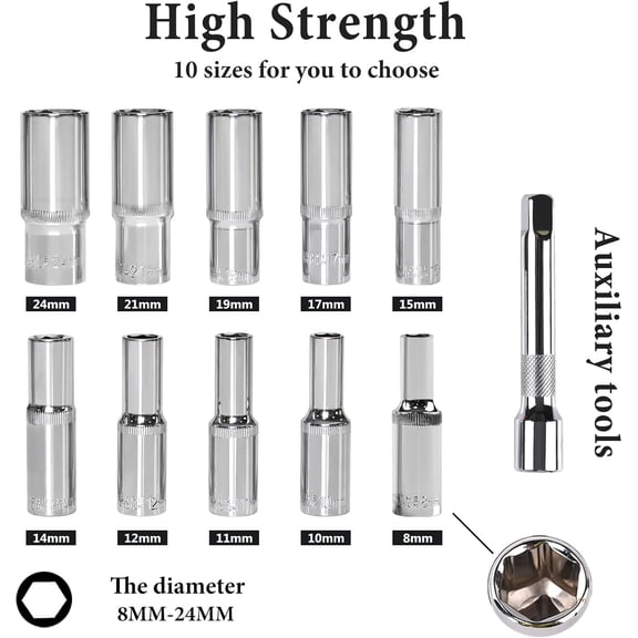 FUGee-12PCS 1/2" Drive Deep Socket Set,Metric(8-24MM),6-Point, Cr-V Steel