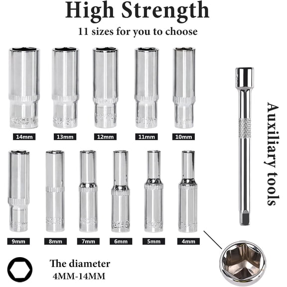 FUGee-13PCS 1/4" Drive Deep Socket Set,Metric(4-14MM),6-Point, Cr-V Steel