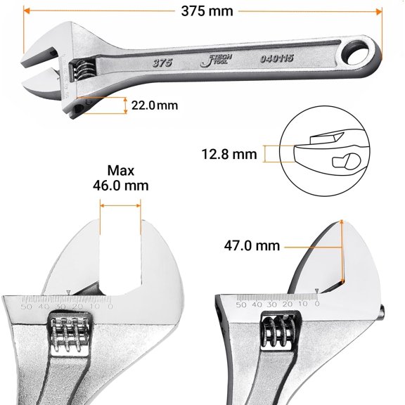 FUGee-15-Inch Adjustable Wrench - Professional Heavy Duty Chrome Vanadium Steel Shifter Spanner with Inch/Metric Scale Wide Caliber Opening