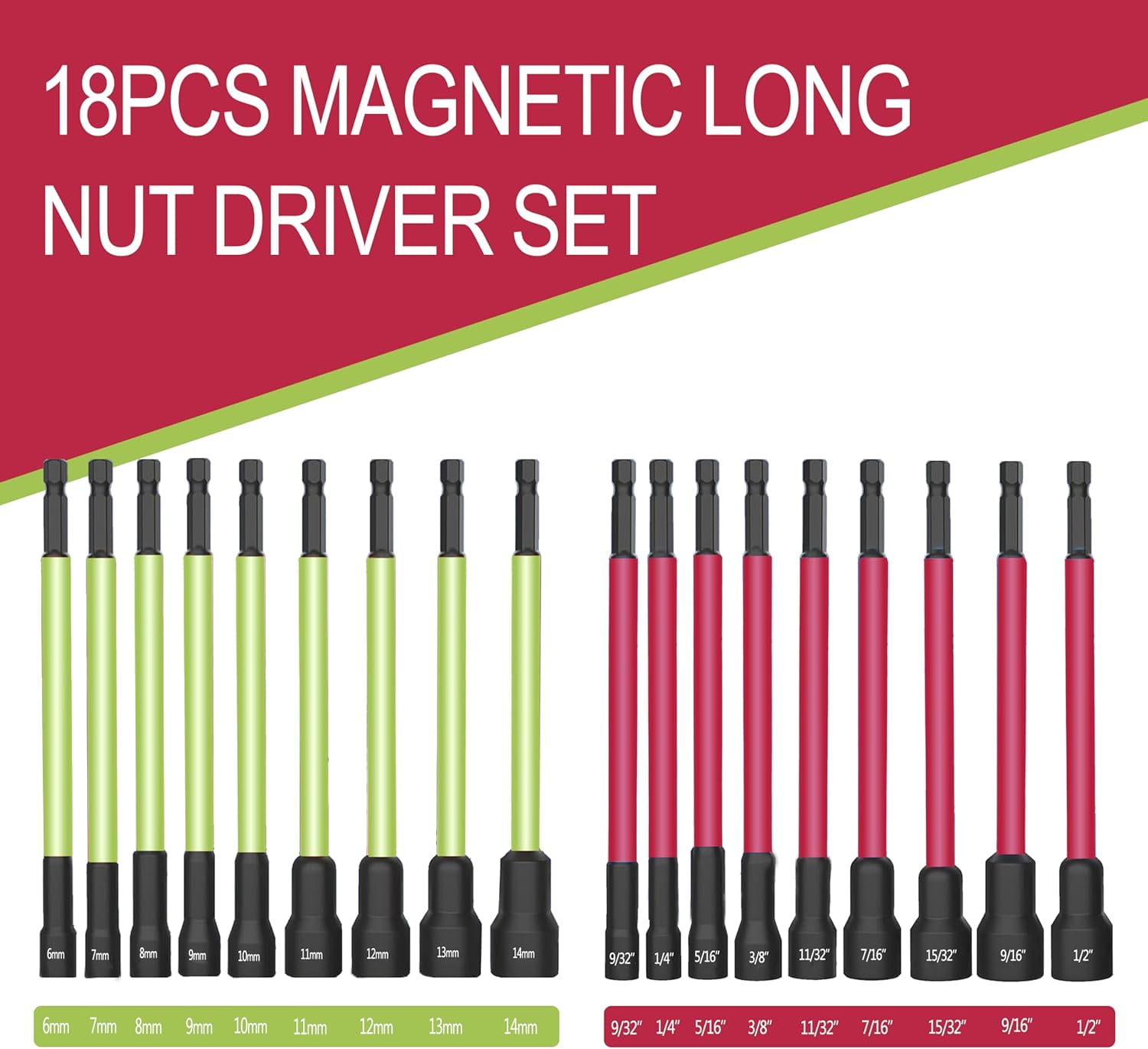 FUGee-18Pcs Magnetic Nut Driver Set,Impact Power Hex Extra Long Nut ...