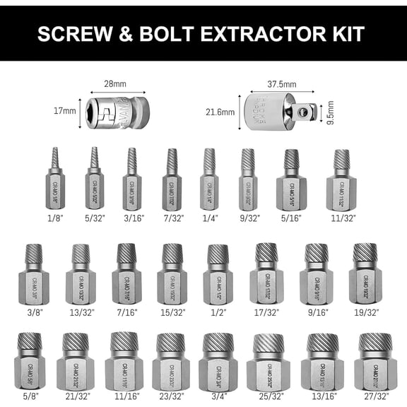 FUGee-26PCS CR-MO Screw Extractor Set,Hex-Head Multi-Spline Screw Easy-out Screw Extraction Set 3/8" Inch Drive Hex-Head, Broken Bolt Remover, Stripped Fastener Tool for Stripped, Rounded, Damaged