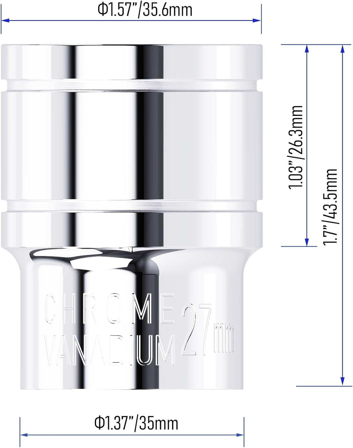 Extra Short Socket FUGee-27mm Shallow Socket, 1/2 Inch Drive, 6-Point, Metric, Heat ...