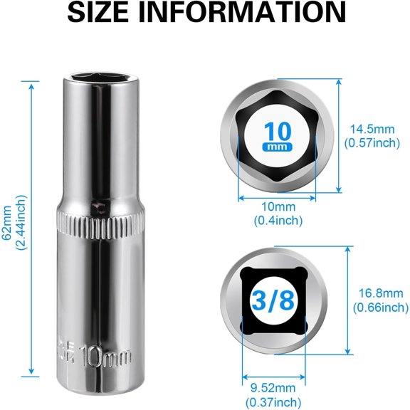FUGee-6-Piece 10mm Deep Sockets, 3/8-Inch Drive, 6-Point, 2.44'' Length, Corrosion Resistance, Compatible with Standard Ratchet Wrenches and Tools