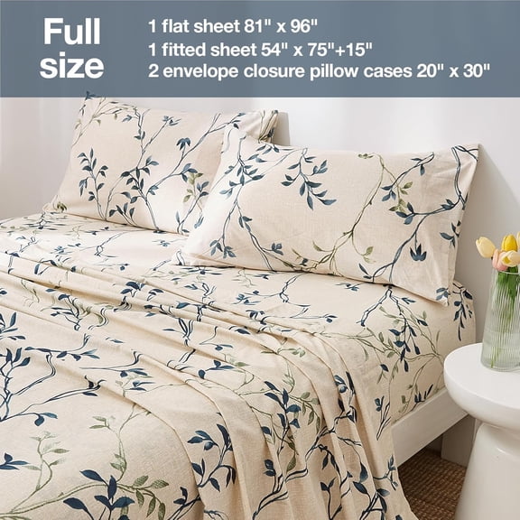 FUGee-Beige Leaves Print Sheet Set Full Size, 4 Piece Soft Botanical Microfiber Sheets Extra Deep Pocket Wrinkle Free