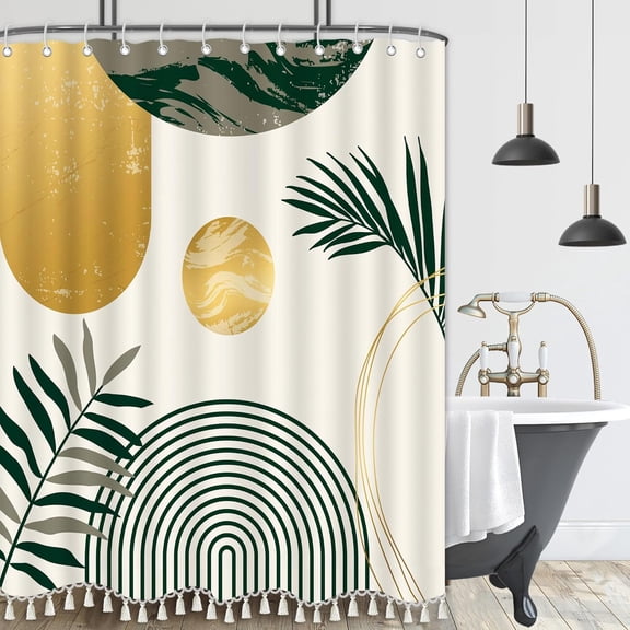 FUGee-Boho Mid Century Leaf Shower Curtain Set,Arch Sun Design,Minimalistic Leaves Pattern,Waterproof and Luxurious Fabric-12 Hooks(Sage Green-72" x 72")
