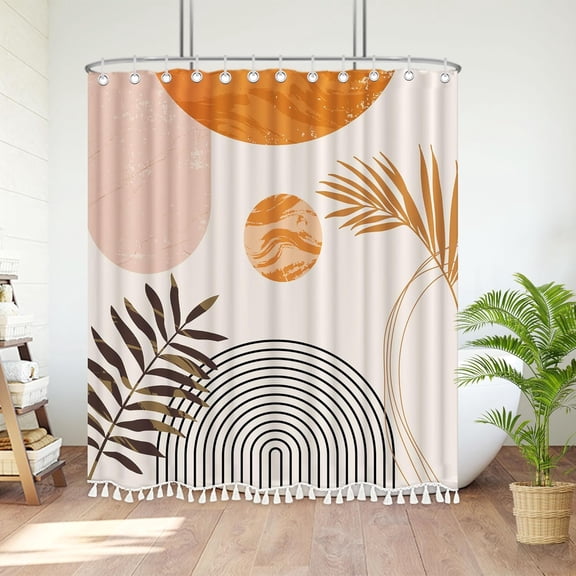 FUGee-Boho Mid Century Leaf Shower Curtain Set,Arch Sun Design,Minimalistic Leaves Pattern,Waterproof and Luxurious Fabric-12 Hooks(Orange-72" x 72")