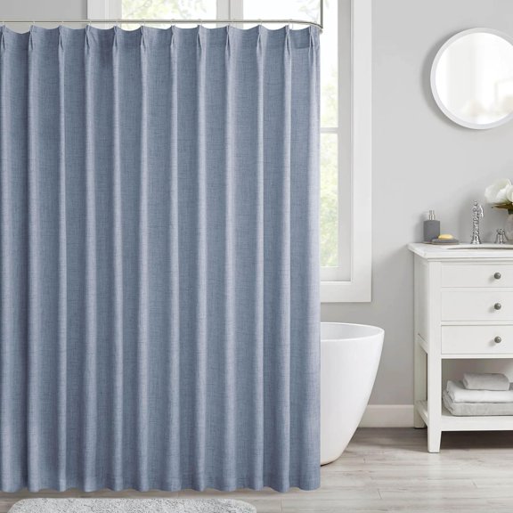FUGee-Dusty Blue Linen Pinch Pleated Shower Curtain, 72 Inch Wide, Fabric Bathroom Curtain with Memory Shape, Modern Neutral Solid Color, Machine Washable Privacy Cloth Curtain for All Season Use