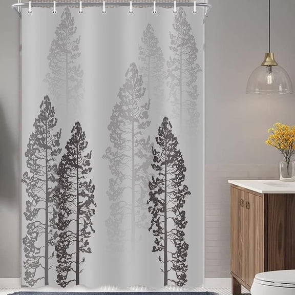 FUGee-Fog Forest Stall Shower Curtain Fabric 48 x 72 inches, Misty Jungle Pine Trees Landscape Rustic Bathroom Cloth Curtains with 8 Rust-Resistant Grommet Holes, Shower Curtain Hooks Included, Gra